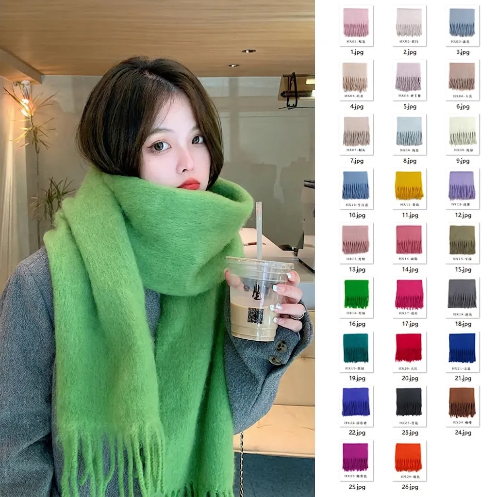 Solid Color Mohair Like Winter Scarf For Women Long Thickened Warm Soft Tassel Wrap Shawl Korean Style