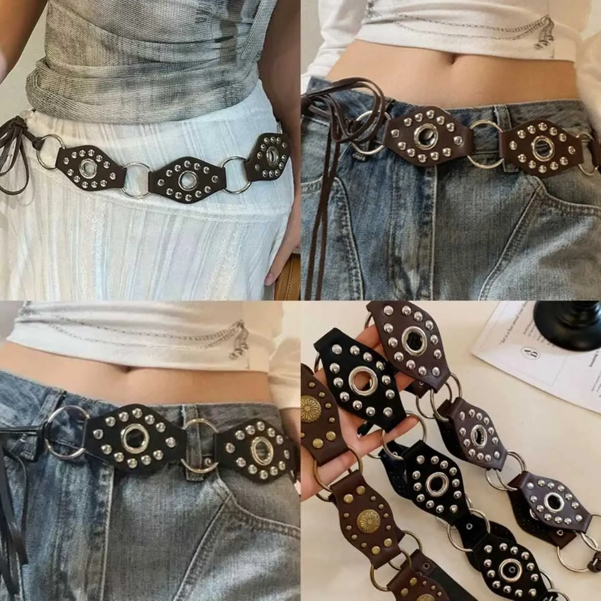 Vintage Leather Waist Chain Belt With Metal Rings And Rivets Bohemian Y2K Hollow Out For Women