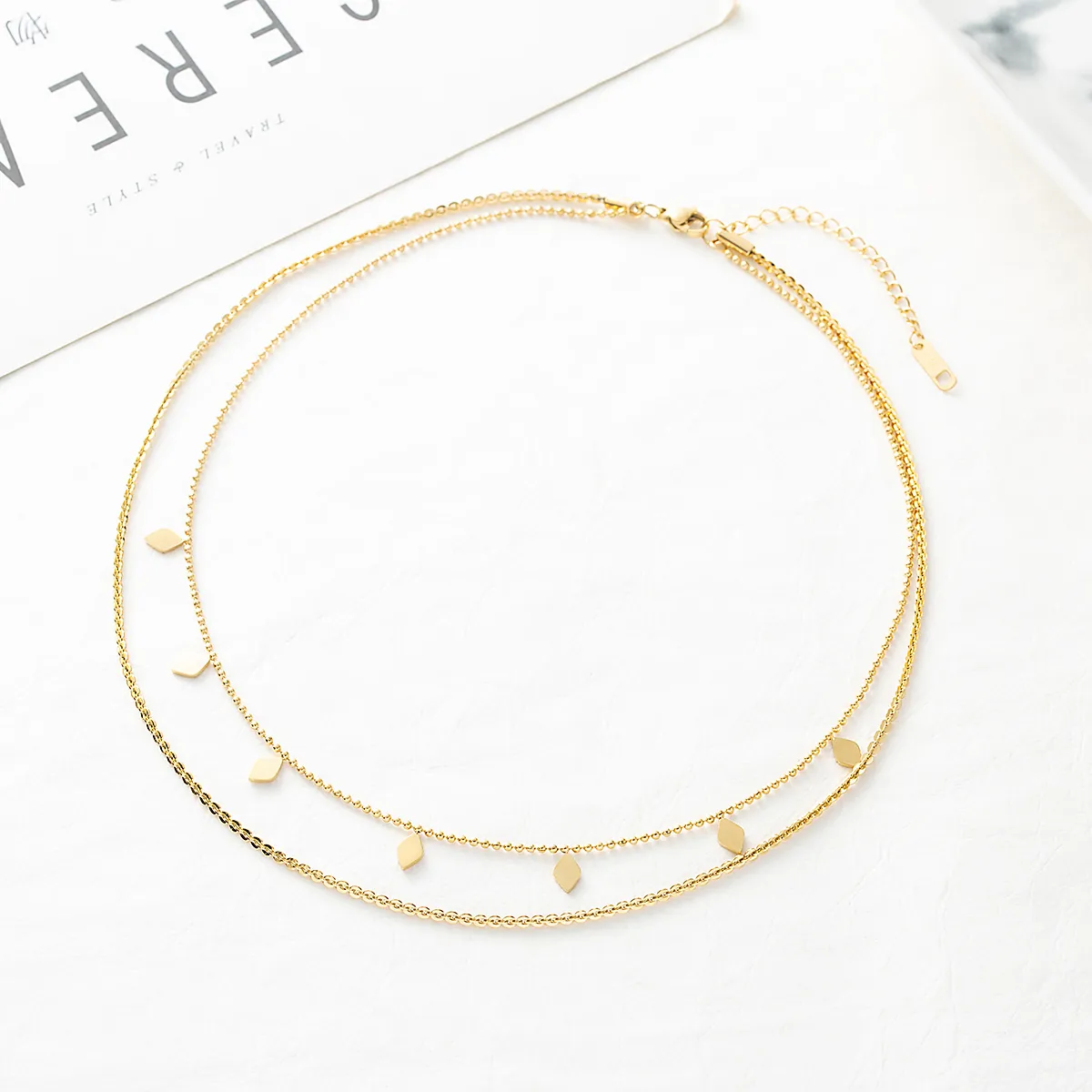 Double Layered Rhombus Pendant Necklace 18K Gold Plated Stainless Steel Minimalist Choker For Women