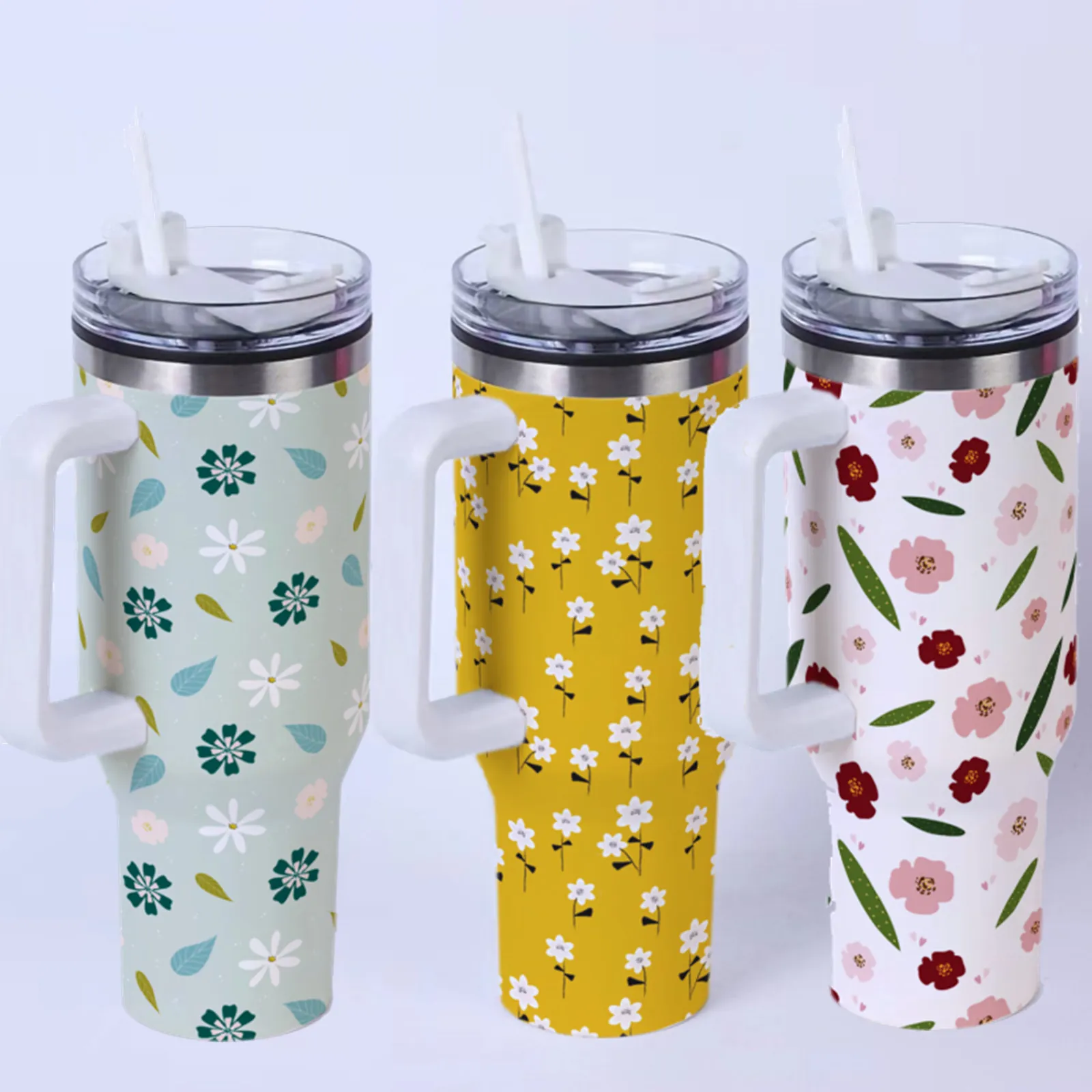 Large Capacity Stainless Steel Insulated Tumbler With Handle And Straw Vacuum Coffee Mug Car Travel Cup Floral Print
