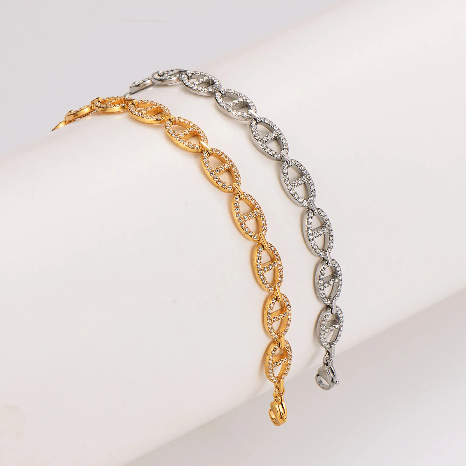 304 Stainless Steel Bracelet With Pave Rhinestones Hollow Anchor Chain Design Shiny Trendy Jewelry For Women