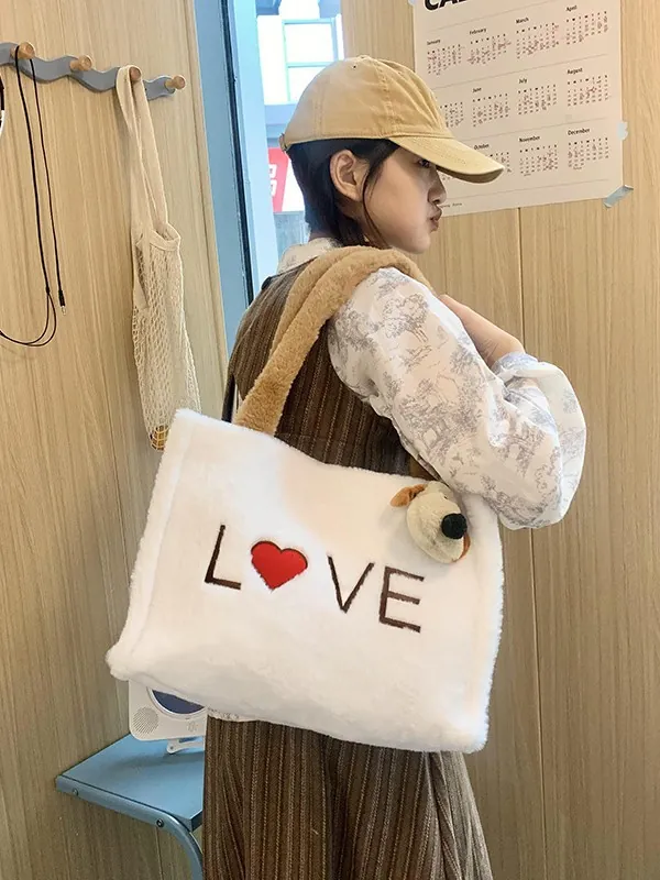 Women Plush Tote Bag Faux Fur Handbag Large Capacity Love Heart Embroidery Shoulder Bag With Puppy Charm For Winter