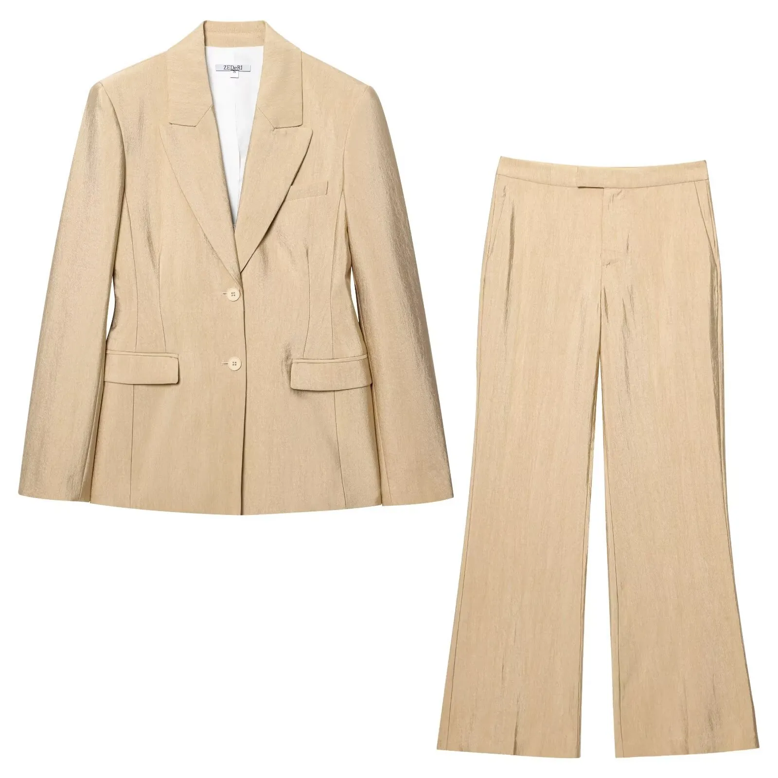 Dames Elegant Champagnegoud Satijnen Blazer En Wijde Broek Zakelijk Pak Ensemble Voor Kantoor Feest Dameskleding
