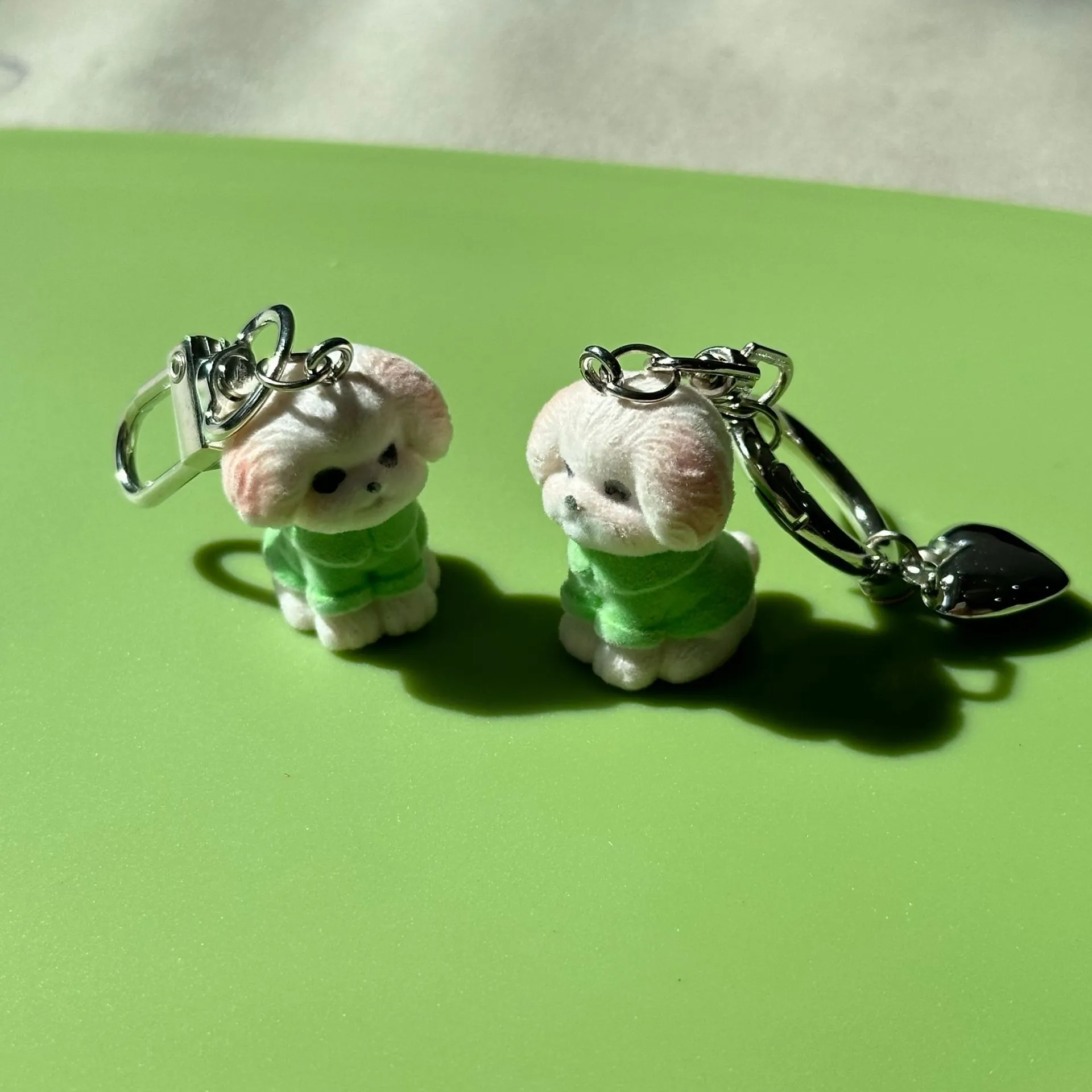 Cute Flocked Bichon Dog Keychain Bag Charm For Women Girls Gift White Puppy With Green Clothes Key Ring Pendant