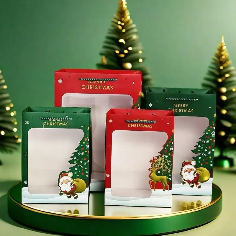 Christmas Gift Bag White Cardboard With Clear Window And Handle For Holiday Presents Santa Claus Reindeer Patterns