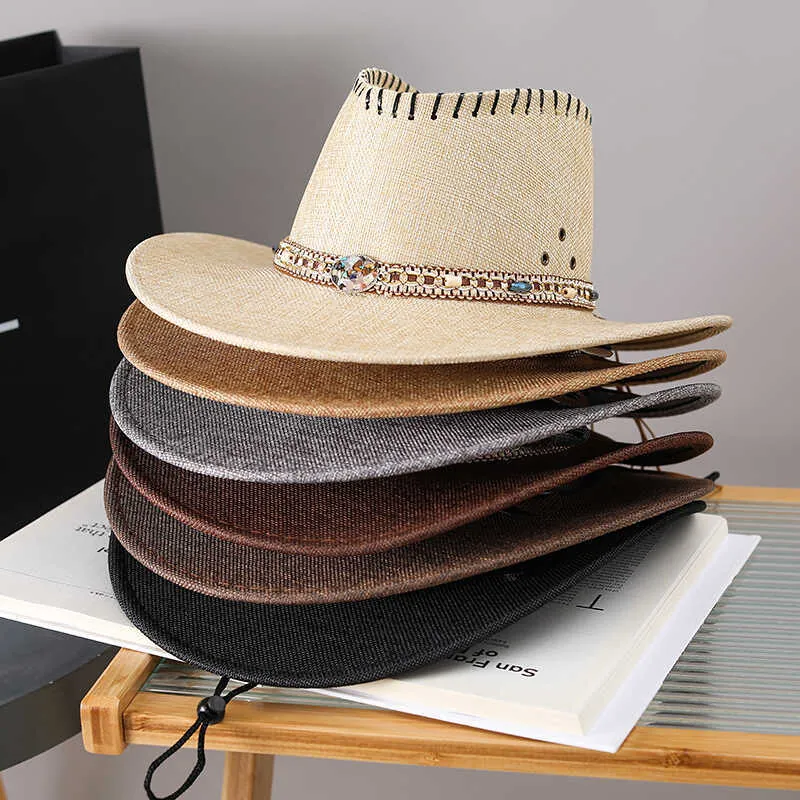 Western Cowboy Straw Hat Woven Sun Protection Ethnic Beaded Band Adjustable Windproof Rope Summer Outdoor Breathable