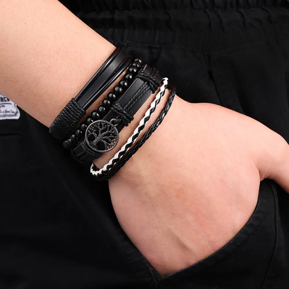 Men's Vintage Tree Of Life Leather Bracelet Set Handmade Beaded Multilayer Braided Rope Fashion Jewelry Accessory Gift