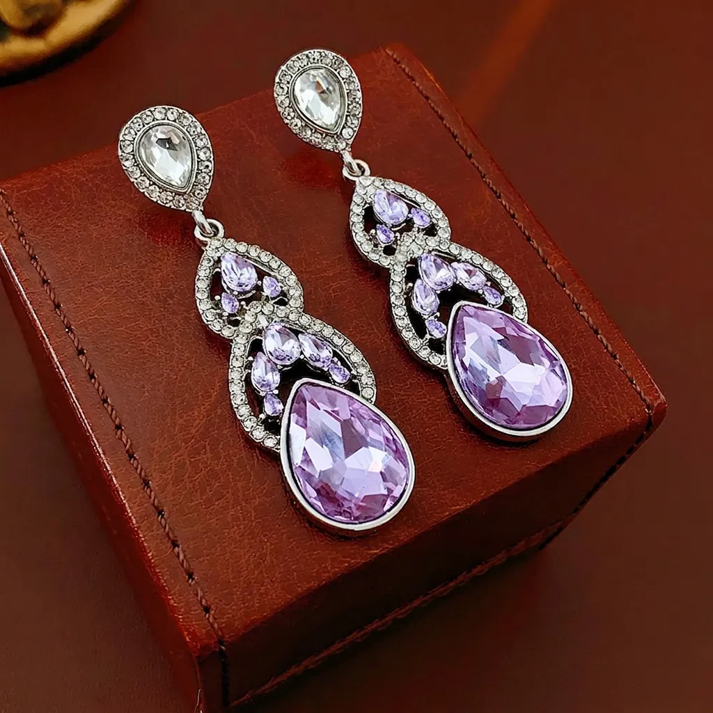 Boucles D'oreilles Pendantes Goutte D'eau Violette Luxe Avec Tige En Argent Alliage Strass Bijoux Élégants Pour Femmes