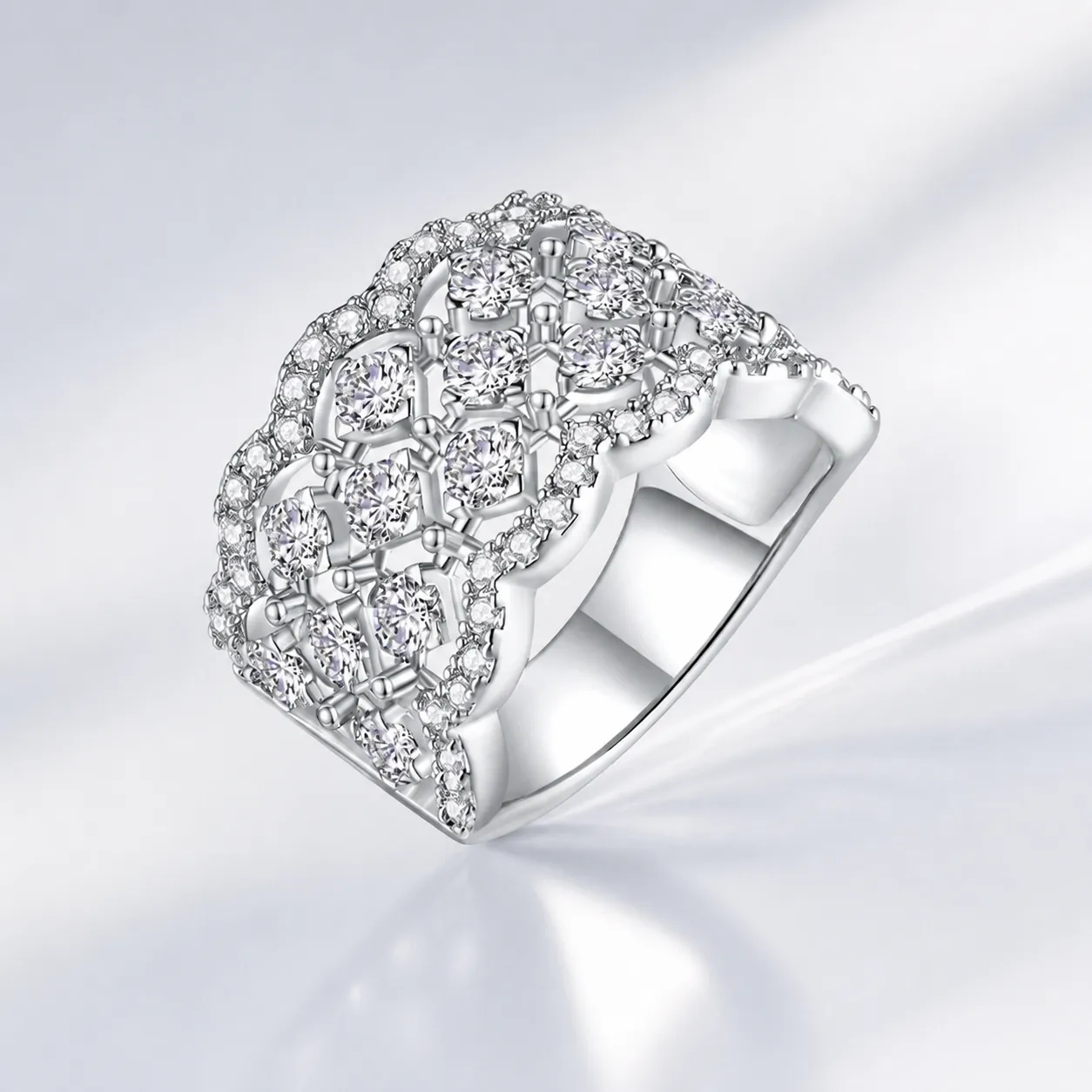 Wide Band Hollow Lace Ring 925 Sterling Silver With Moissanite Luxury Setting Vintage Hip Hop Style Jewelry For Women
