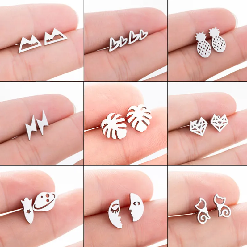 Minimalist Stainless Steel Stud Earrings Geometric Heart Cat Pineapple Hollow Out Fashion Jewelry For Women