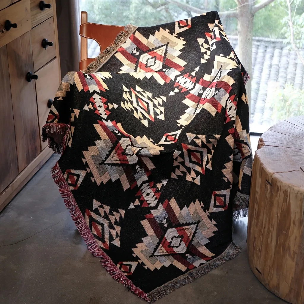 Bohemian Woven Blanket Geometric Tribal Pattern Throw For Sofa Bed Picnic Polyester Cotton Blend With Tassel Fringe