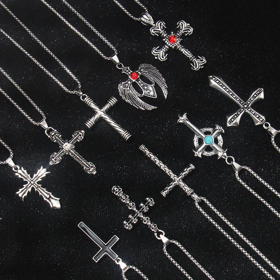 Cross Pendant Necklace Retro Hip Hop Gothic Punk Alloy Wings Skull Stainless Steel Chain For Men Women