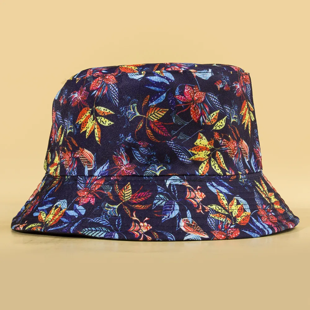 Reversible Bucket Hat Polyester Colorful Leaf Print Foldable Double Sided Sun Protection Summer Outdoor Tropical Travel