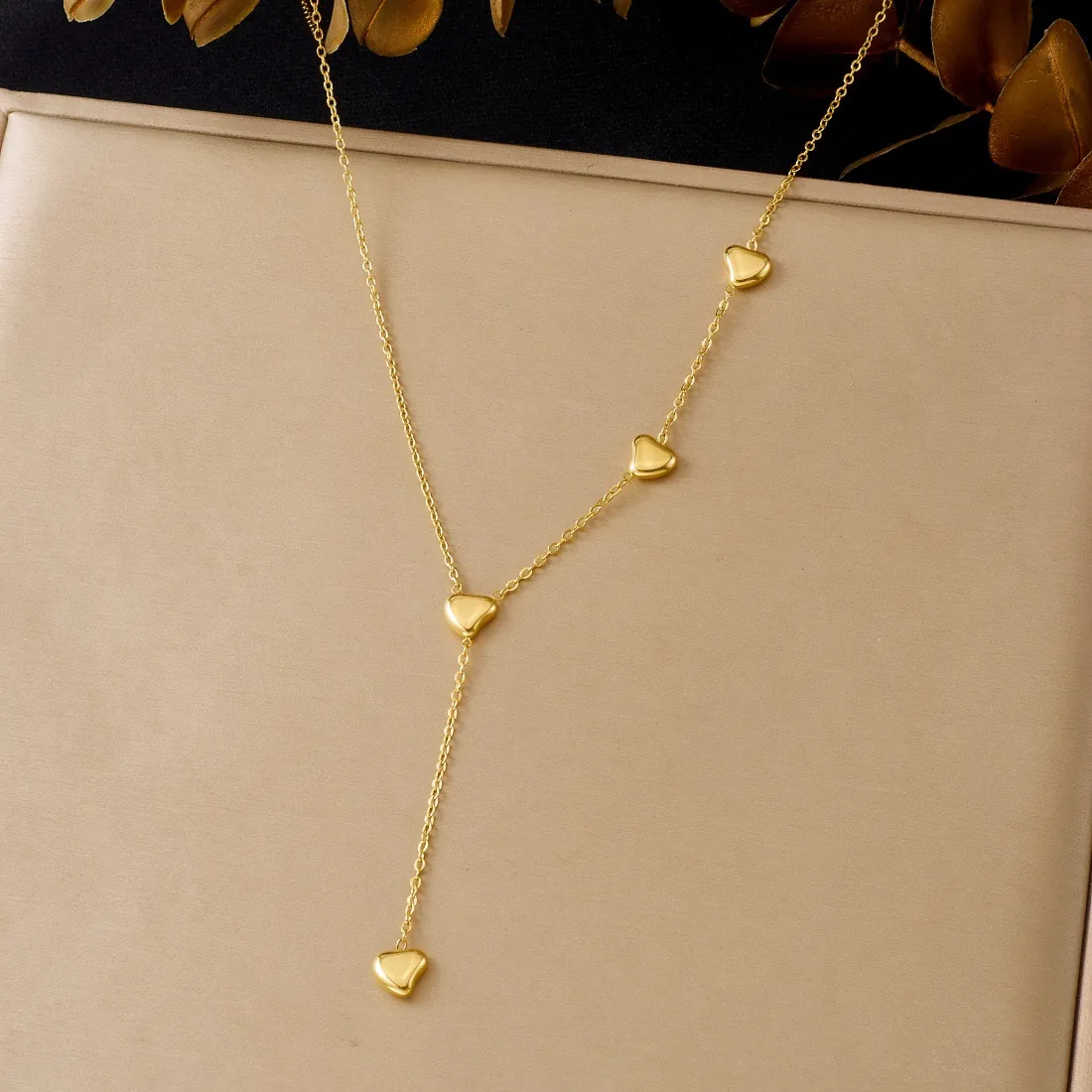 Stainless Steel Gold Plated Heart Y Necklace Elegant Lariat Long Tassel Chain Minimalist Mirror Jewelry Women
