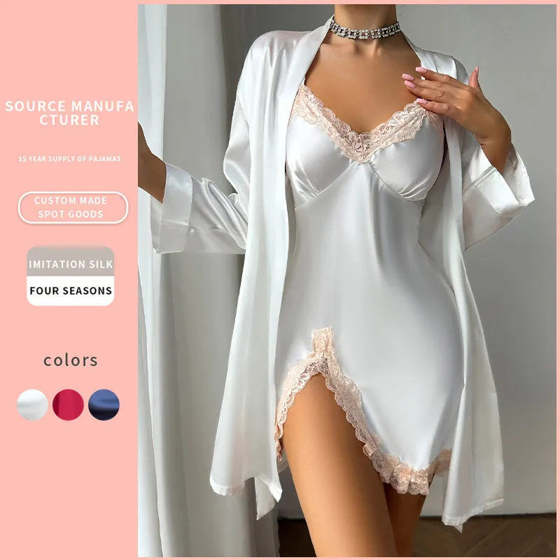 Women Satin Robe And Slip Dress Sleepwear Imitation Satin Lace Trim V-Neck Sexy Elegant Loungewear Breathable