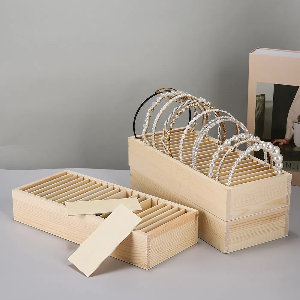 Wooden Headband Holder Organizer Natural Pine Wood Display Stand With Detachable Dividers For Hairband Hair Accessories