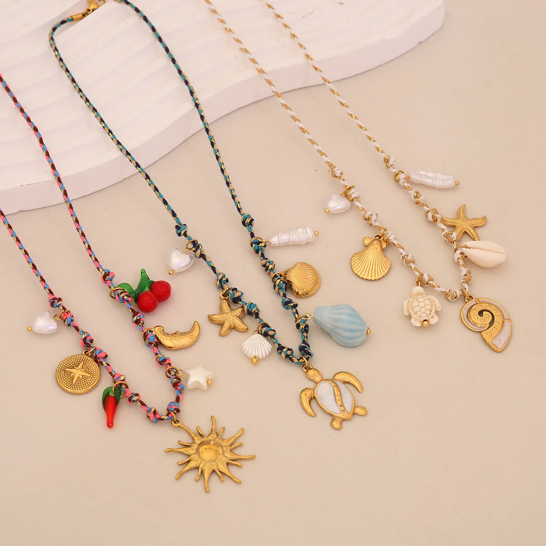 Collier Pendentif Bohème Acier Inoxydable Corde Tressée En Nylon Multi Charmes Tortue De Mer Étoile De Mer Bijoux De Plage