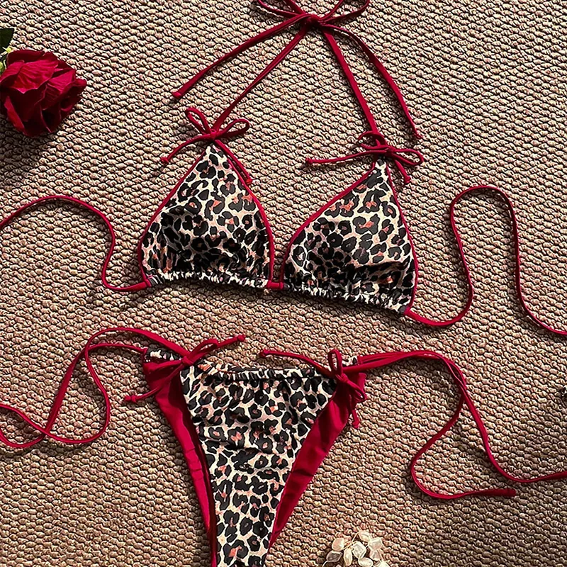 Halter Neck Leopard Print Bikini Sexy Women Two Part Swimwear Side Tie Beach Bathing Suit Animal Pattern Patchwork