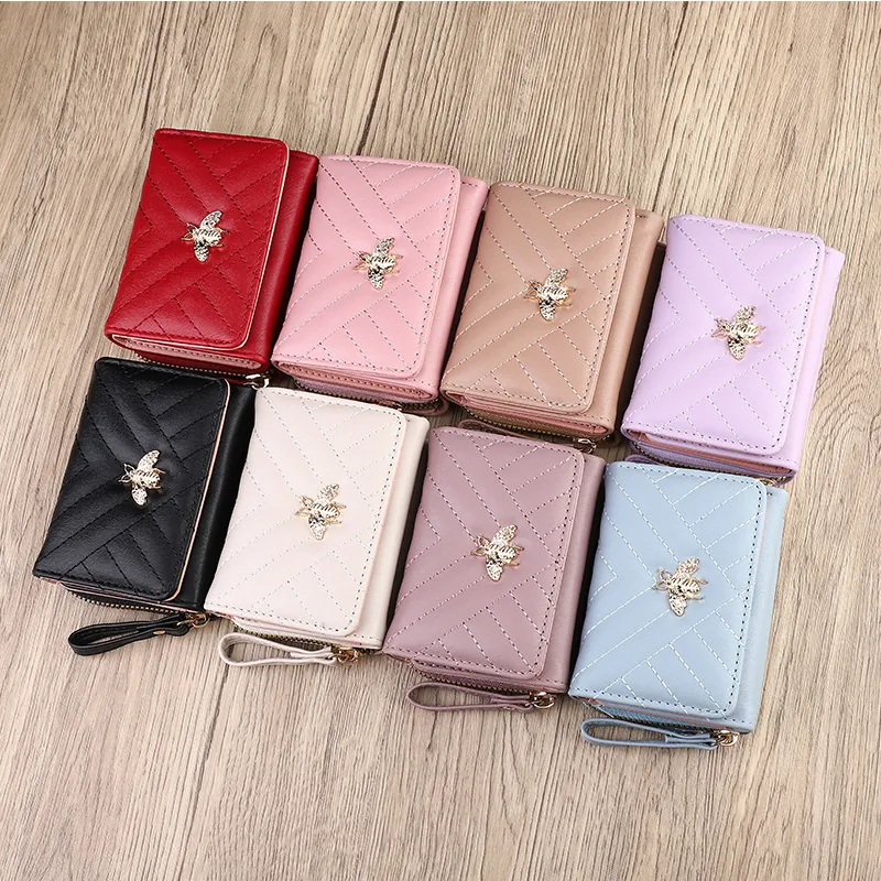 Women Short Wallet PU Leather V-Quilted Bee Decor Foldable Card Holder Purse Fashion Small Clutch For Ladies