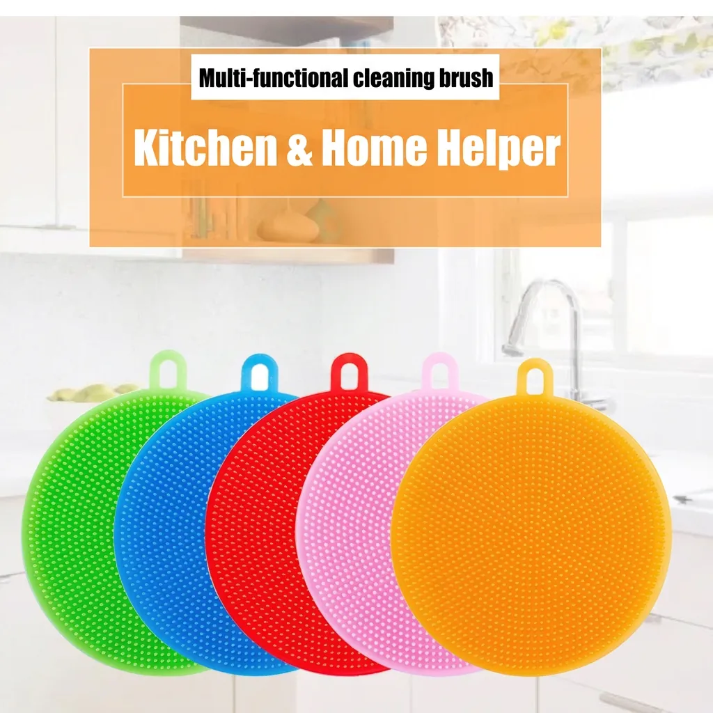 Silicone Dishwashing Brush Multipurpose Circular Kitchen Scrubber For Pot Pan Bowl Fruit Vegetable Heat Resistant Flexible
