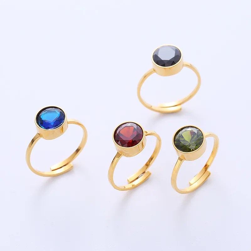 Anello Zirconia Cubica Rotondo Acciaio Inossidabile 316L Placcato Oro Regolabile Aperto Gioielli Stile Francese Semplice Per Donne