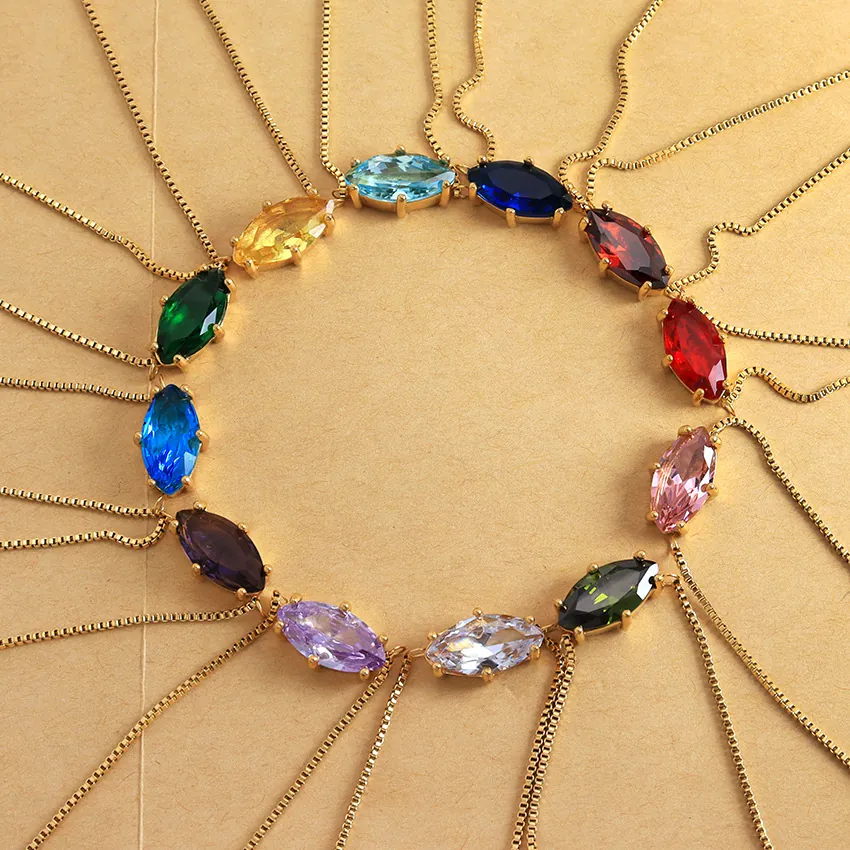 Stainless Steel 12 Constellations Marquise Rhinestone Pendant Necklace For Women Lucky Color Box Chain Jewelry Gift