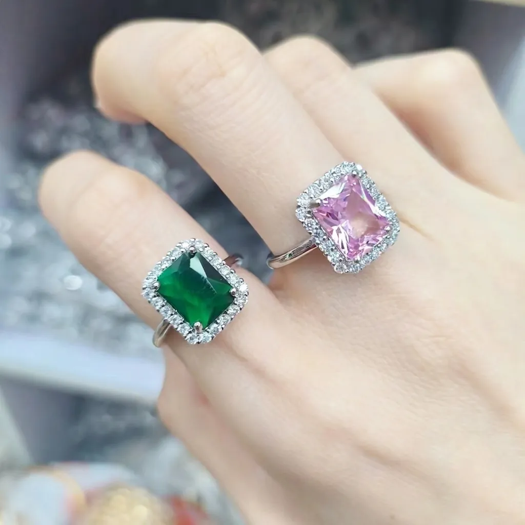 Verstelbare Open Ring Halo Rechthoekige Edelsteen Smaragd Slijpvorm Groen Roze Verzilverde Legering Vintage Luxe Sieraden Voor Dames