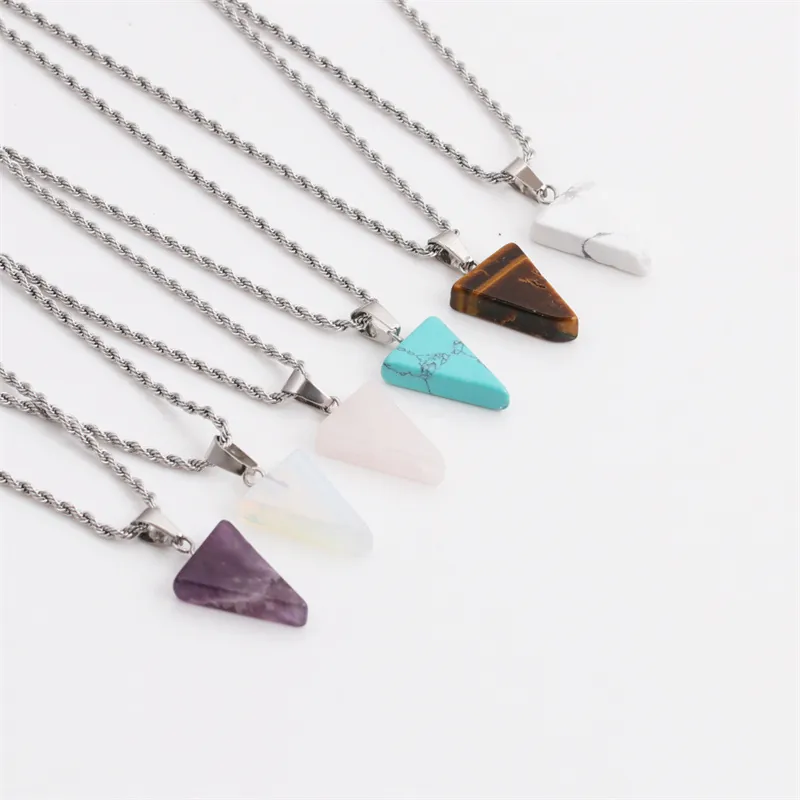 Collier Pendentif Triangle Géométrique Avec Pierre Naturelle Chaîne Torsadée En Acier Inoxydable Bijoux Unisexe