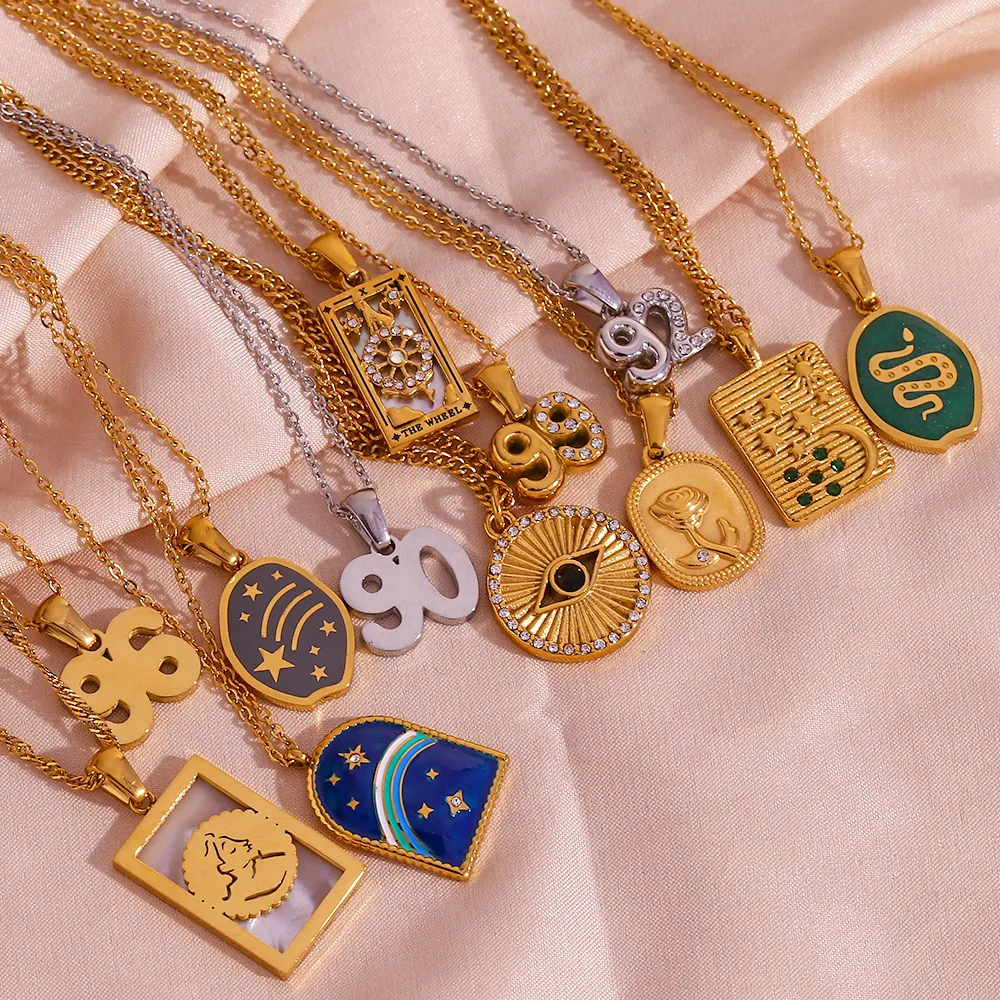 Vintage Stainless Steel Tarot Card Pendant Necklace For Women 18K Gold Plated Birth Year Enamel Rhinestone Jewelry Gift