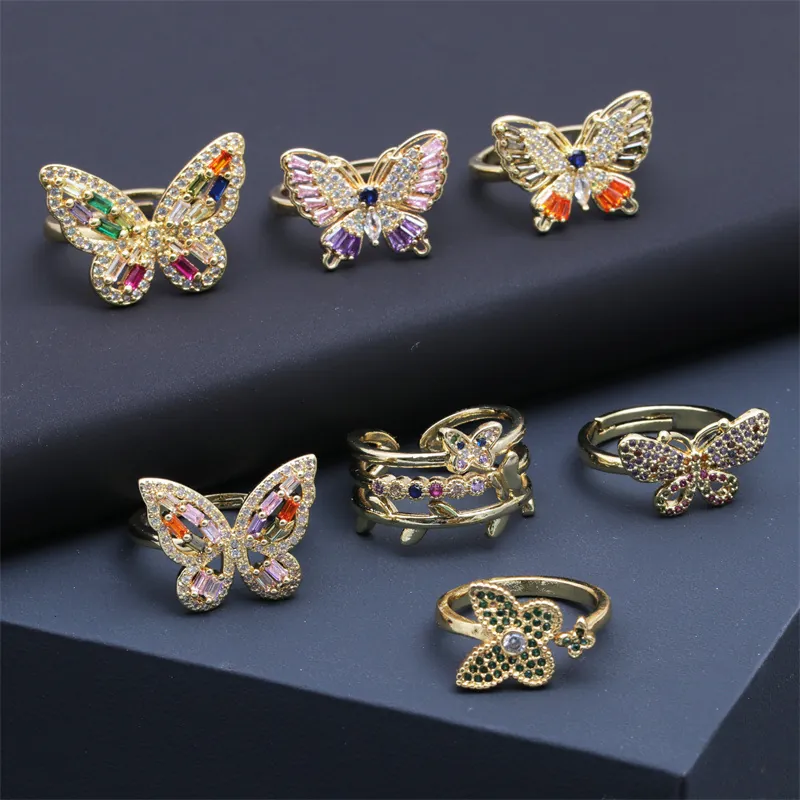 Bague Ouverte Papillon Cuivre Micro Pavé Zircone Colorée Plaquée Or Bijoux Pour Femmes