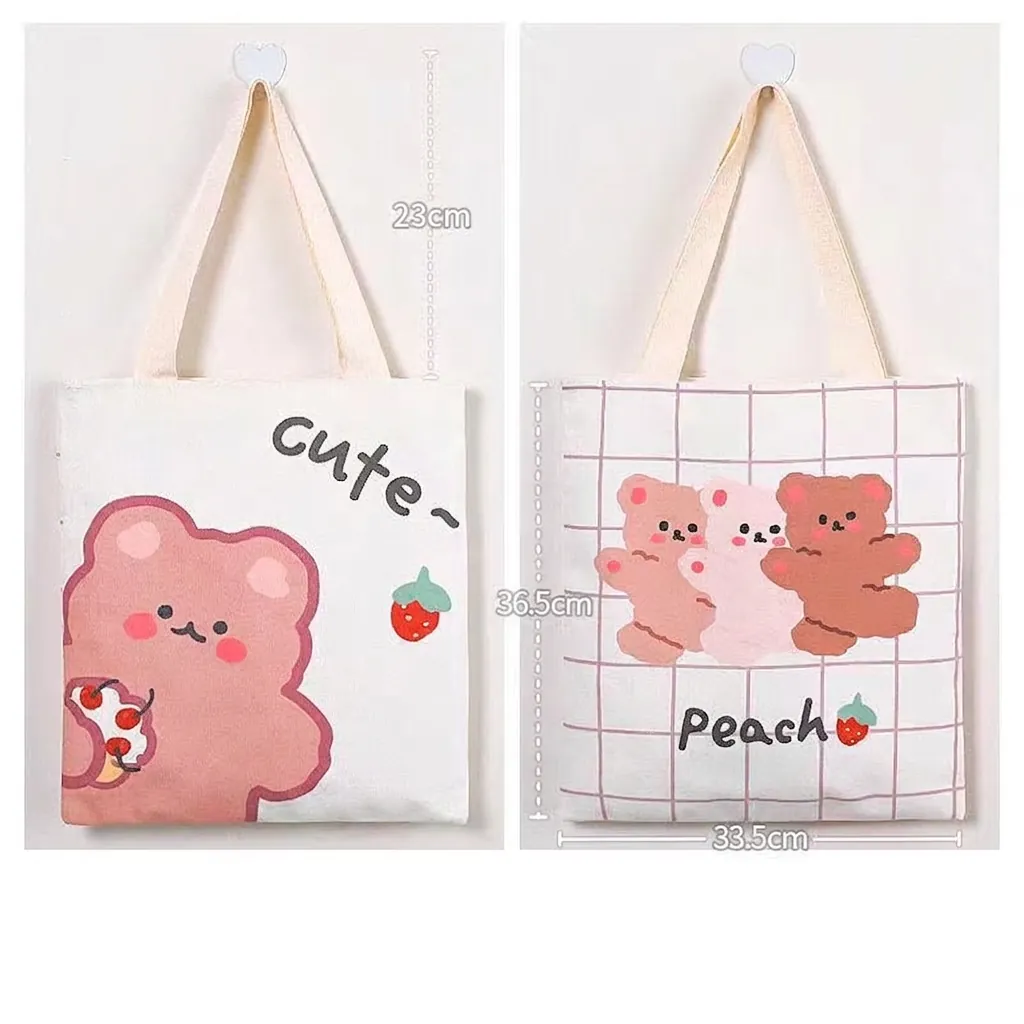 Cute Cartoon Bear Bunny Print Canvas Tote Bag Large Capacity Zipper Shoulder Handbag For Student School Casual Shopping