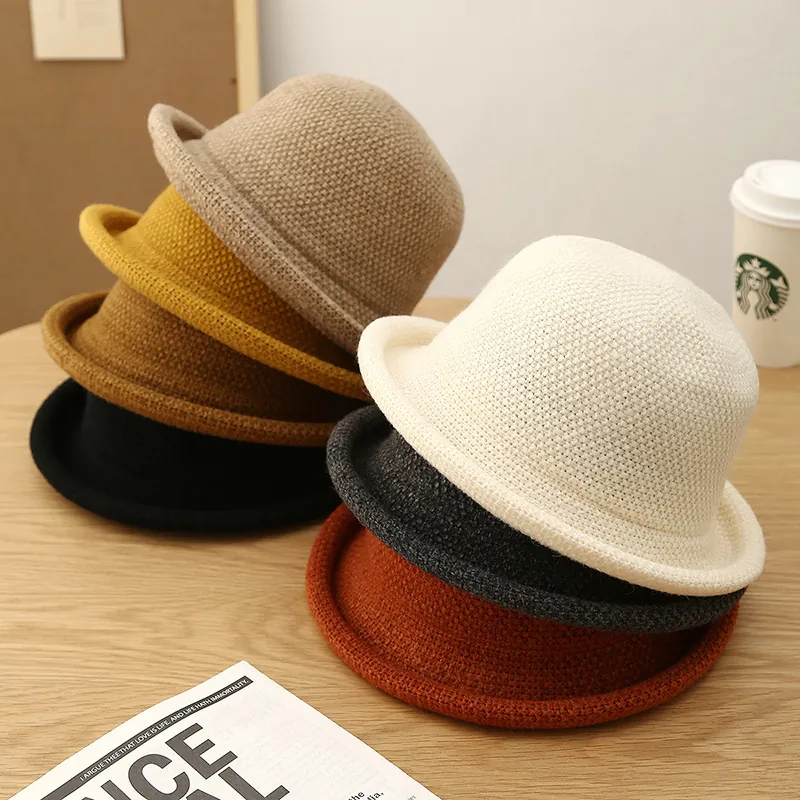 Women Retro Knitted Bucket Hat Warm Thick Winter Rolled Brim Solid Color Cloche Hat For Outdoor Casual