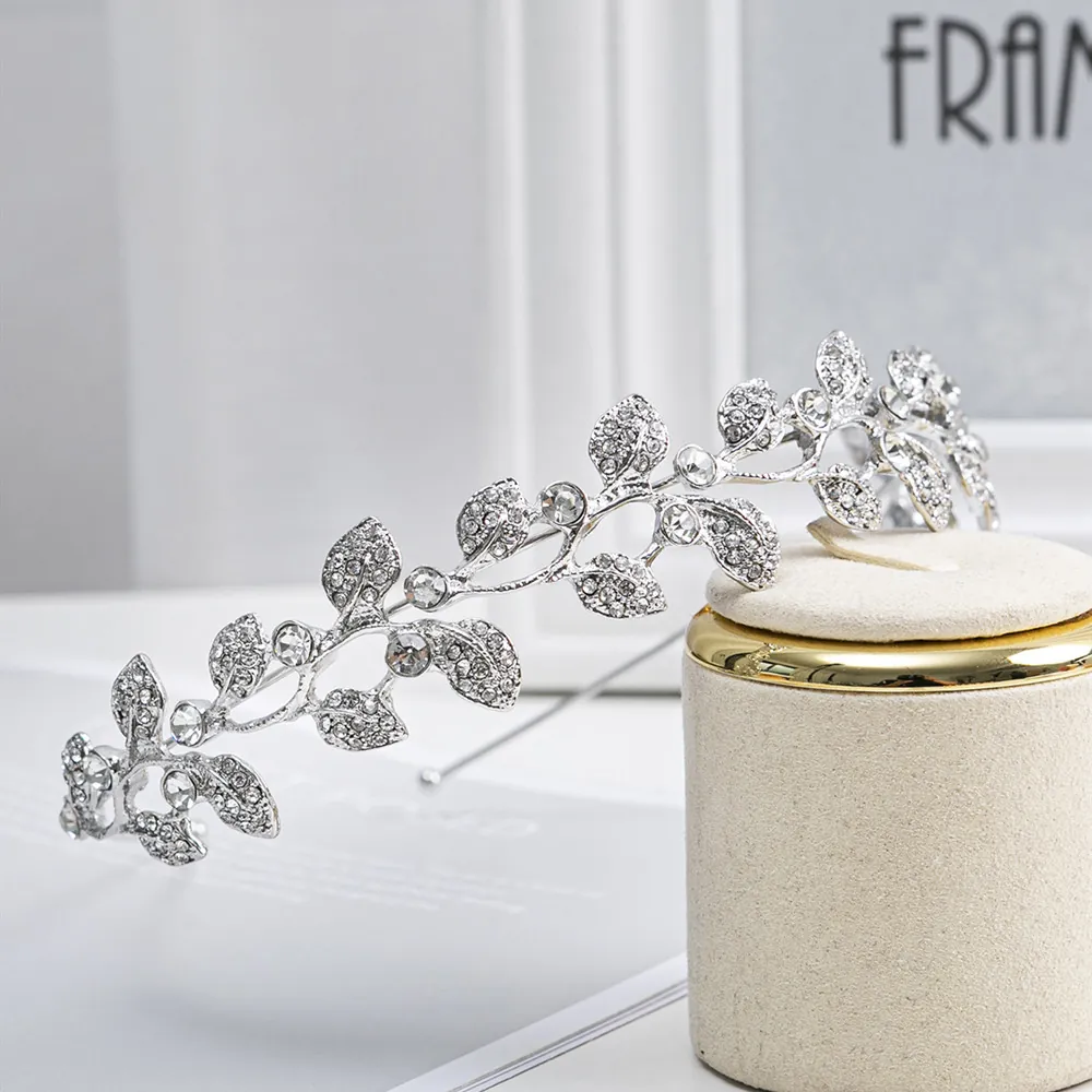 Leaf Shape Bridal Crown Headband With Rhinestones Alloy Tiara For Women Wedding Party Princess Elegant Hair Accessories