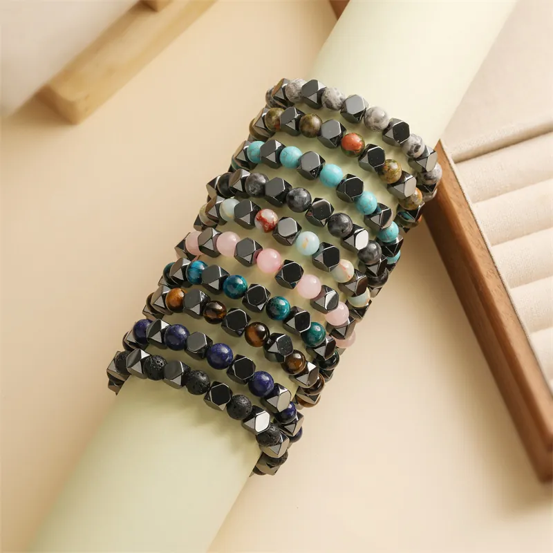 Bracelet En Perles De Pierre Naturelle Hématite Oeil De Tigre Pierre De Lave Élastique Yoga Énergie Pour Hommes Femmes