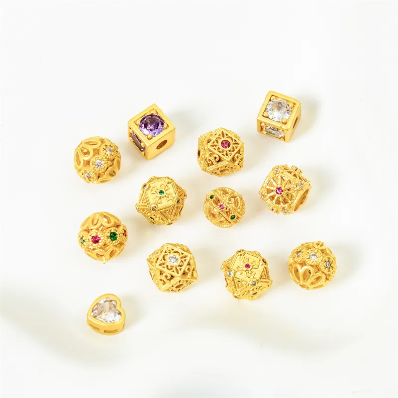 Spacer Beads Gold Plated Brass Cubic Zirconia For DIY Bracelet Necklace Jewelry Making Geometric Hollow Loose Beads
