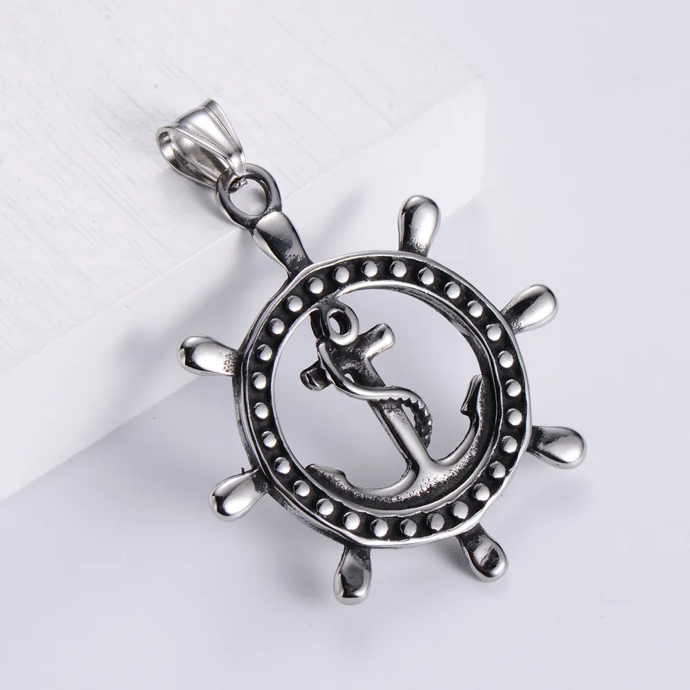 Collier Pendentif Ancre Gouvernail Avec Chaîne Vintage Acier Inoxydable 304 Style Caraïbes Bijoux Roue Navire