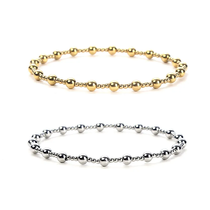 Minimalist Beaded Bracelet Stainless Steel 18K Gold Plated Elastic Stretch Alternating Beads Waterproof Jewelry For Women