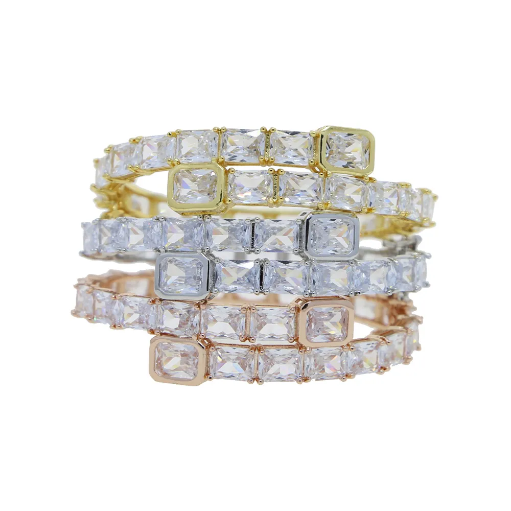Hip Hop Rectangular Zirconia Copper Bangle Electroplated Copper Zirconia Couple Bracelet For Women Men Minimalist Jewelry