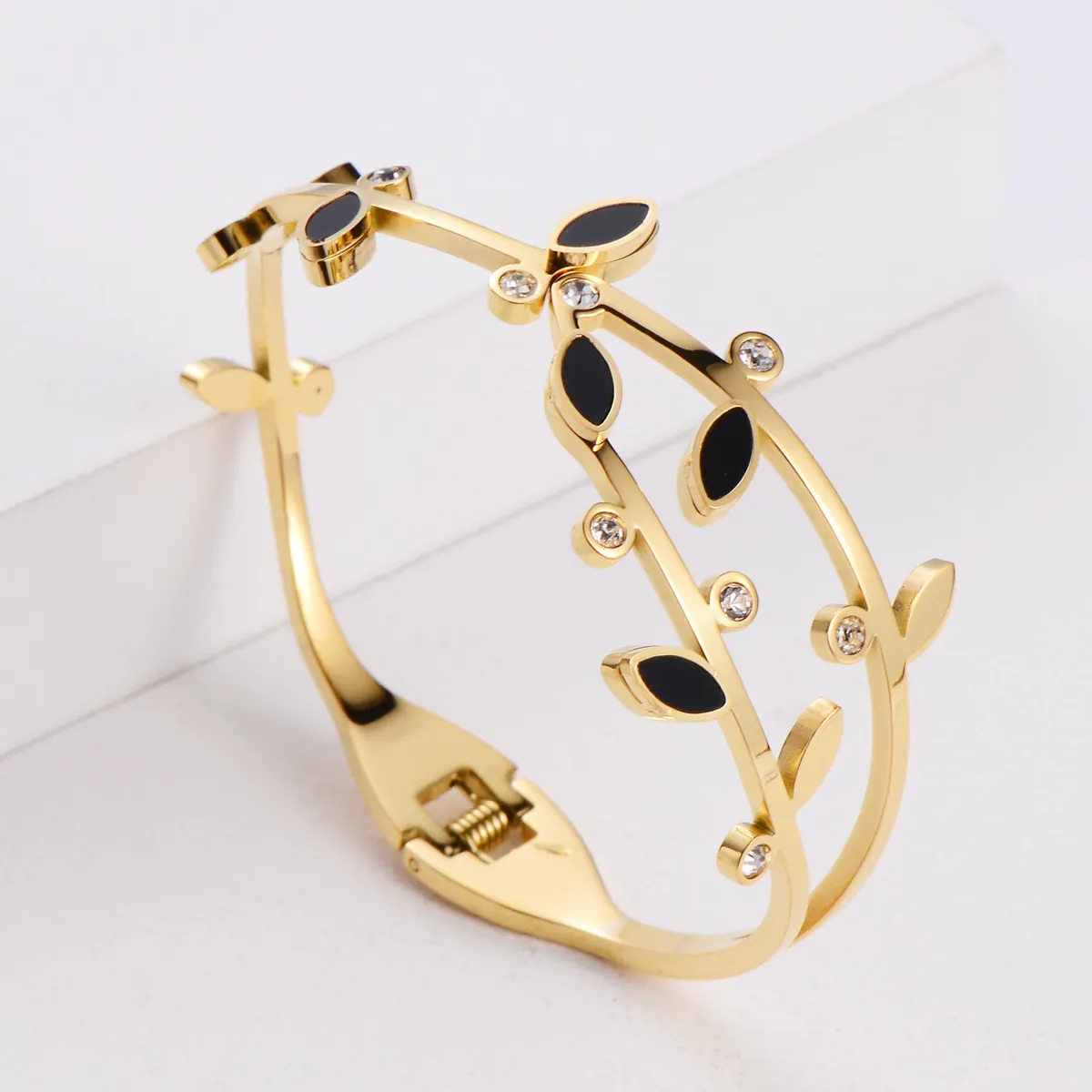 Korean Style Irregular Branch Leaf Bangle Rhinestone Enamel Titanium Steel Electroplated Bracelet For Women Fashion Jewelry