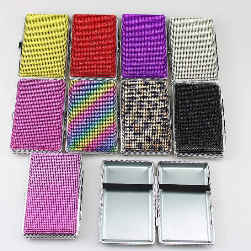Bling Rhinestone Cigarette Case For Women Double Sided Metal Card Holder Portable Handmade Sparkling Storage Box