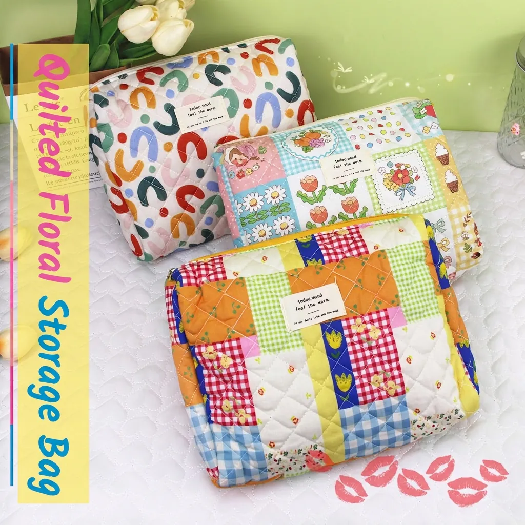 Quilted Cotton Makeup Bag Floral Print Large Capacity Zipper Cosmetic Pouch Portable Toiletry Storage Travel Organizer