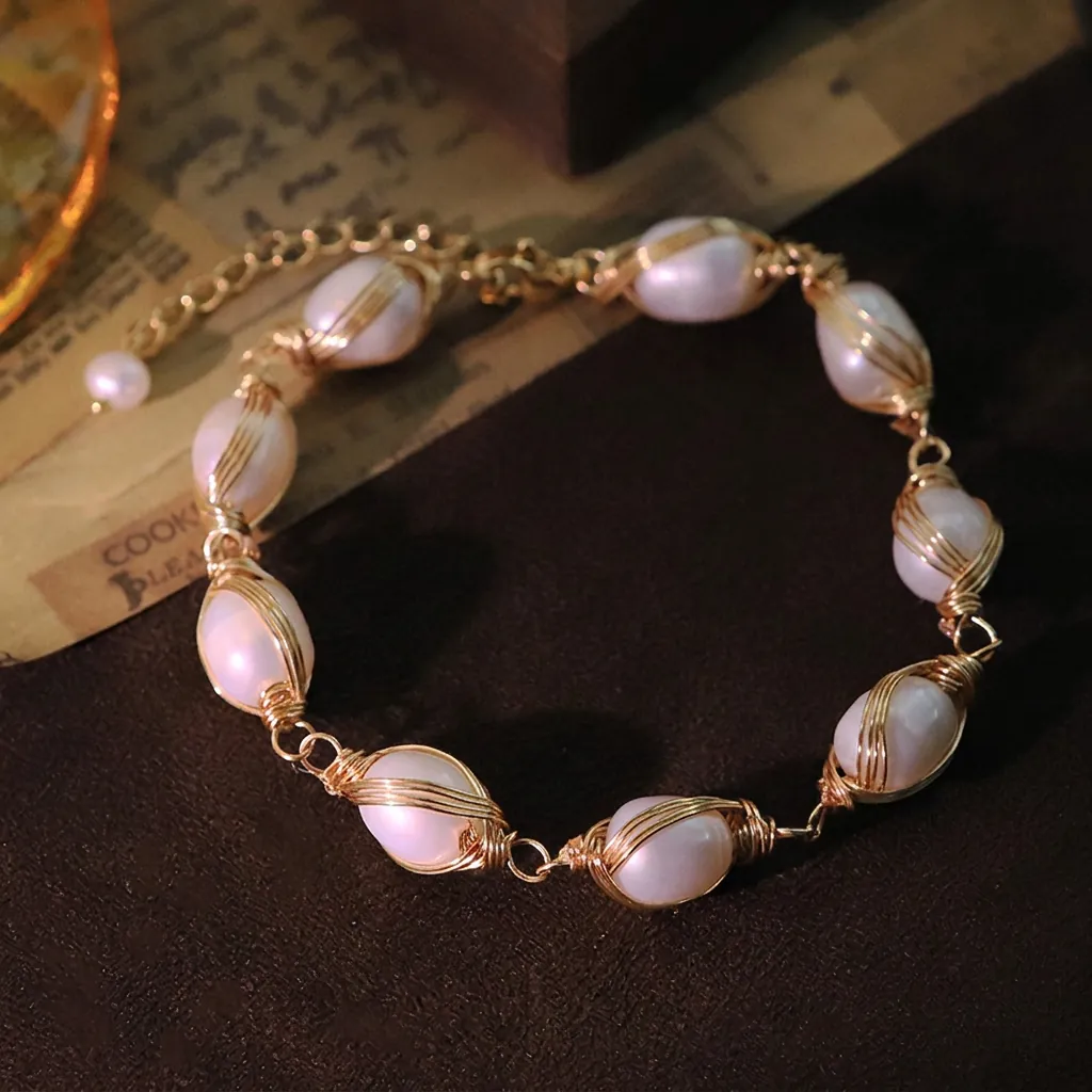 Baroque Freshwater Pearl Bracelet For Women Vintage Gold Plated Wire Wrapped Handmade Jewelry Elegant Adjustable Link