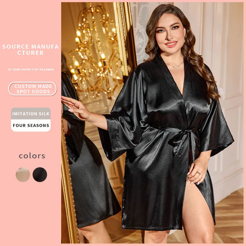 Plus Size Women Satin Robe Satin Feel Kimono Sleepwear V-Neck Belted Loungewear Bathrobe Elegant Solid Color