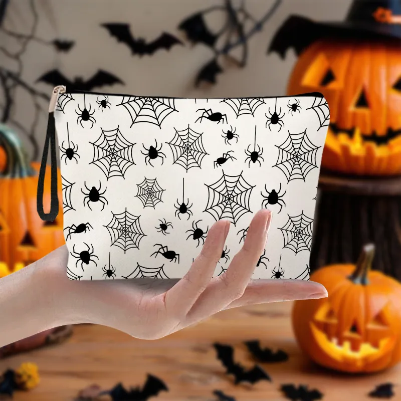 Halloween Makeup Bag Fine Linen Toiletry Pouch Spider Web Print Travel Organizer Zipper Handheld Wrist Strap Gothic
