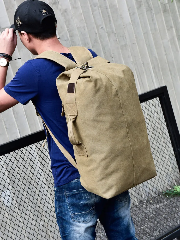 Men Casual Canvas Backpack Large Capacity Outdoor Travel Hiking Bag Breathable Cylindrical Rugged Style Daypack
