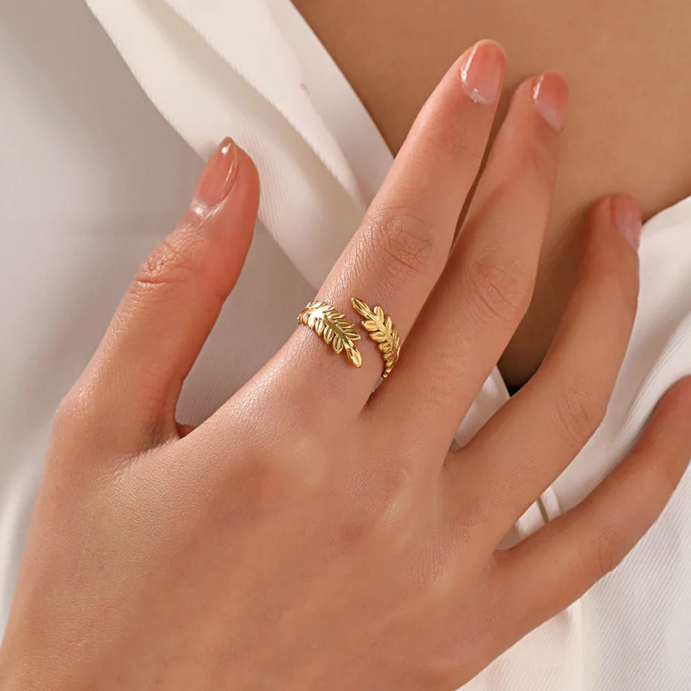 Stainless Steel Leaf Open Ring For Women Adjustable Gold Plated Olive Branch Wheat Ear Trendy Minimalist Elegant