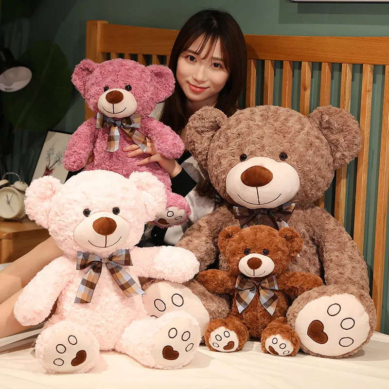 Teddy Bear Plush Toy Soft Stuffed Animal Doll With Plaid Bow Heart Embroidery For Kids Girls Birthday Gift
