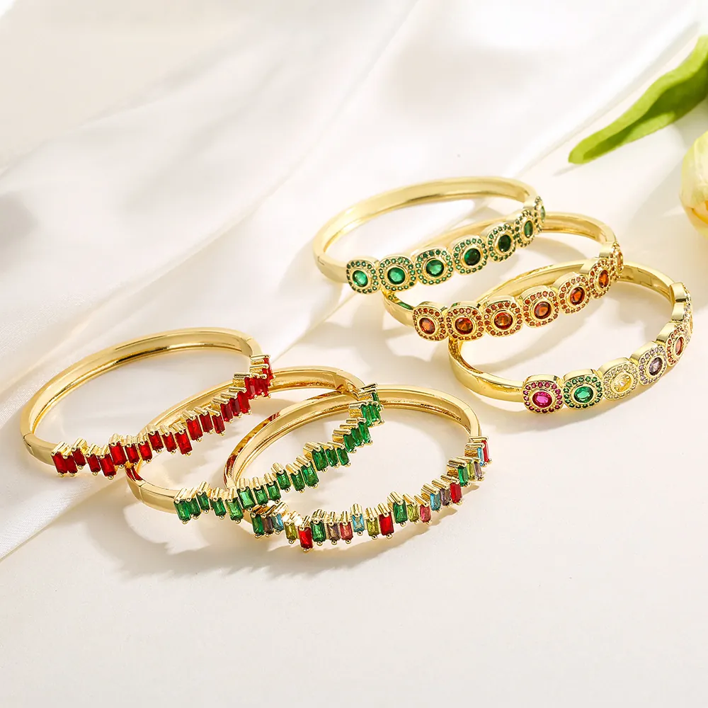 Bracciale Rigido In Rame Placcato Oro Da Donna Con Zircone Colorato Intarsiato Stile INS Gioielli Geometrici