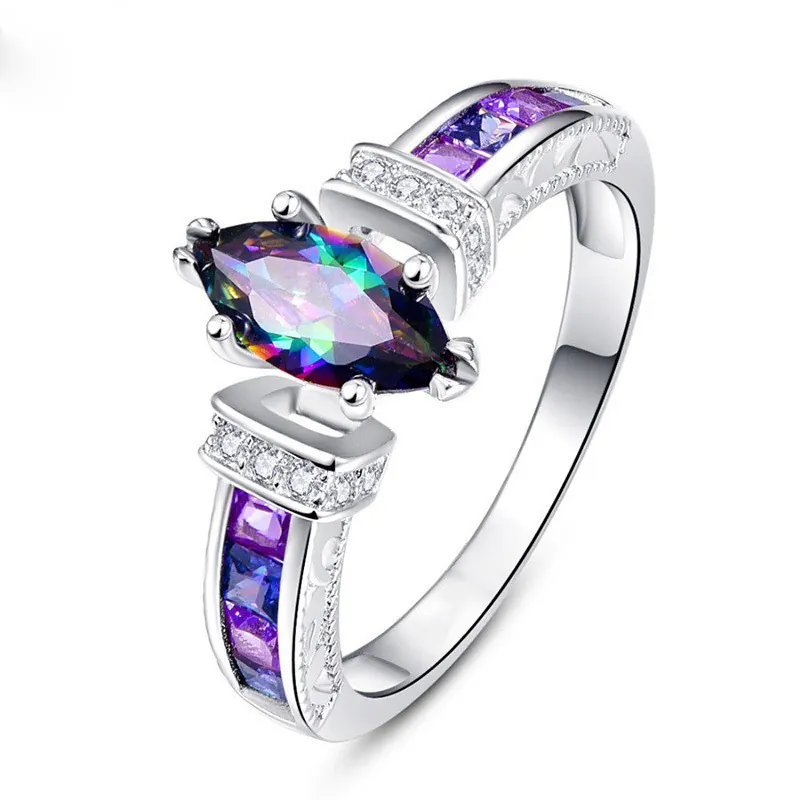 Rainbow Marquise Cut Zirconia Ring Copper Colorful Fashion Statement Jewelry For Women