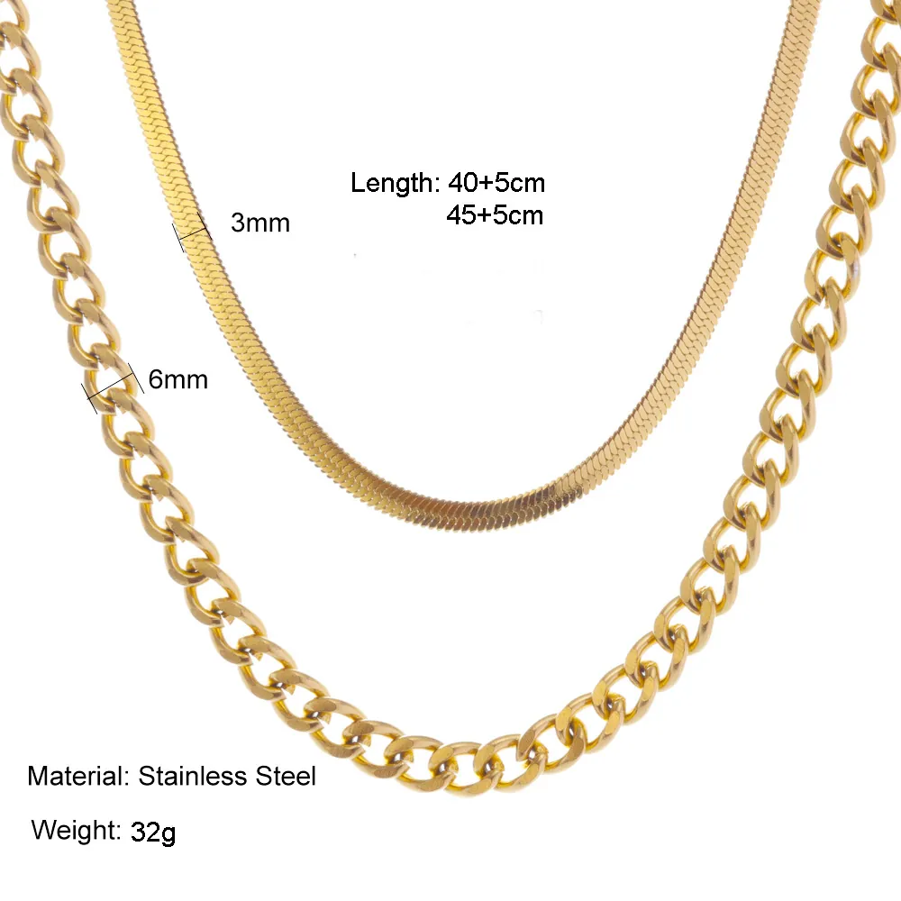 Double Layer Necklace Set Stainless Steel 18K Gold Plated Cuban Link And Herringbone Snake Chain Hip Hop Minimalist Jewelry